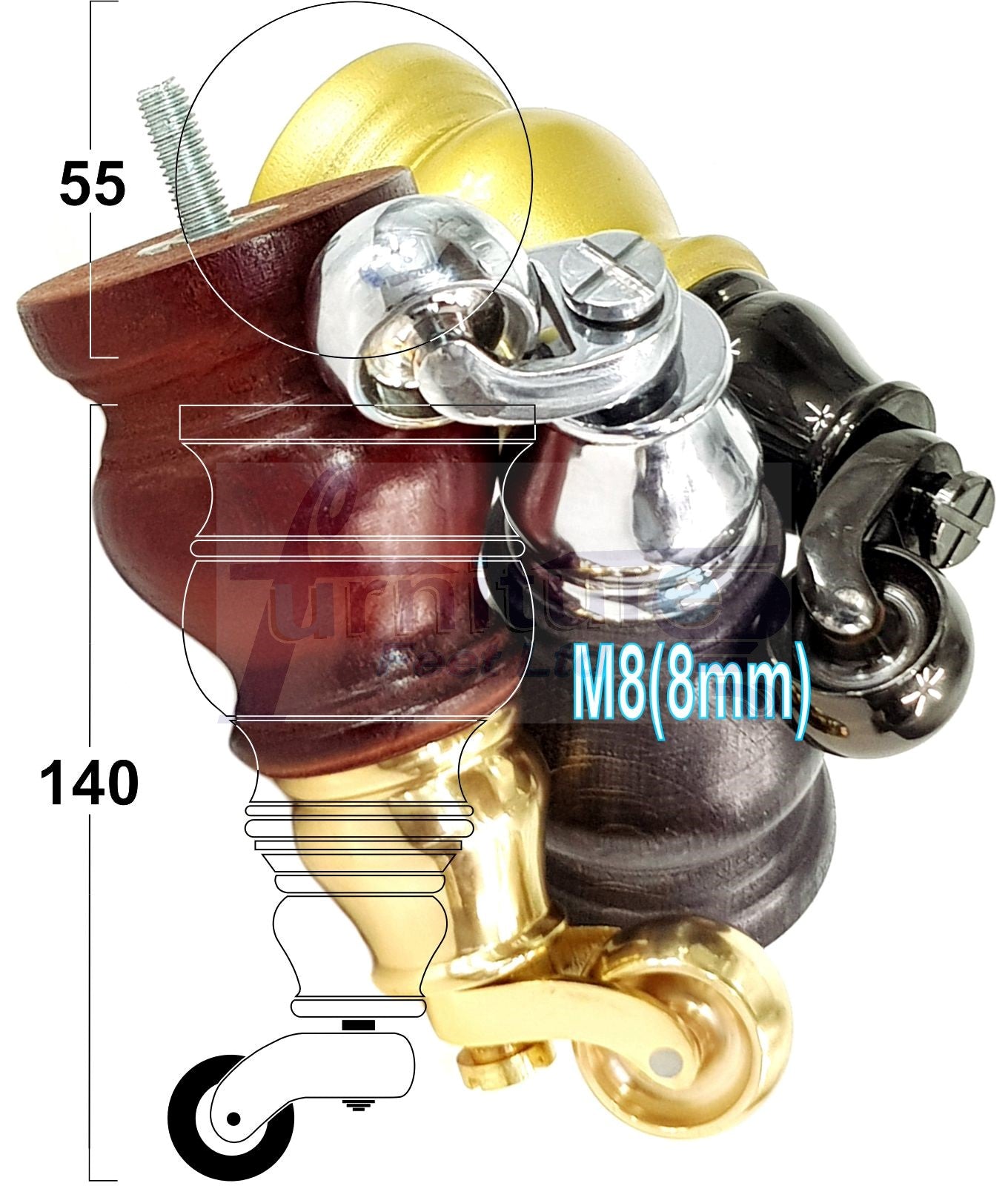 Set Of 4 Turned Wood Furniture Legs With Brass Castor 140mm High M8(8mm) For Chairs Settees & Cabinets