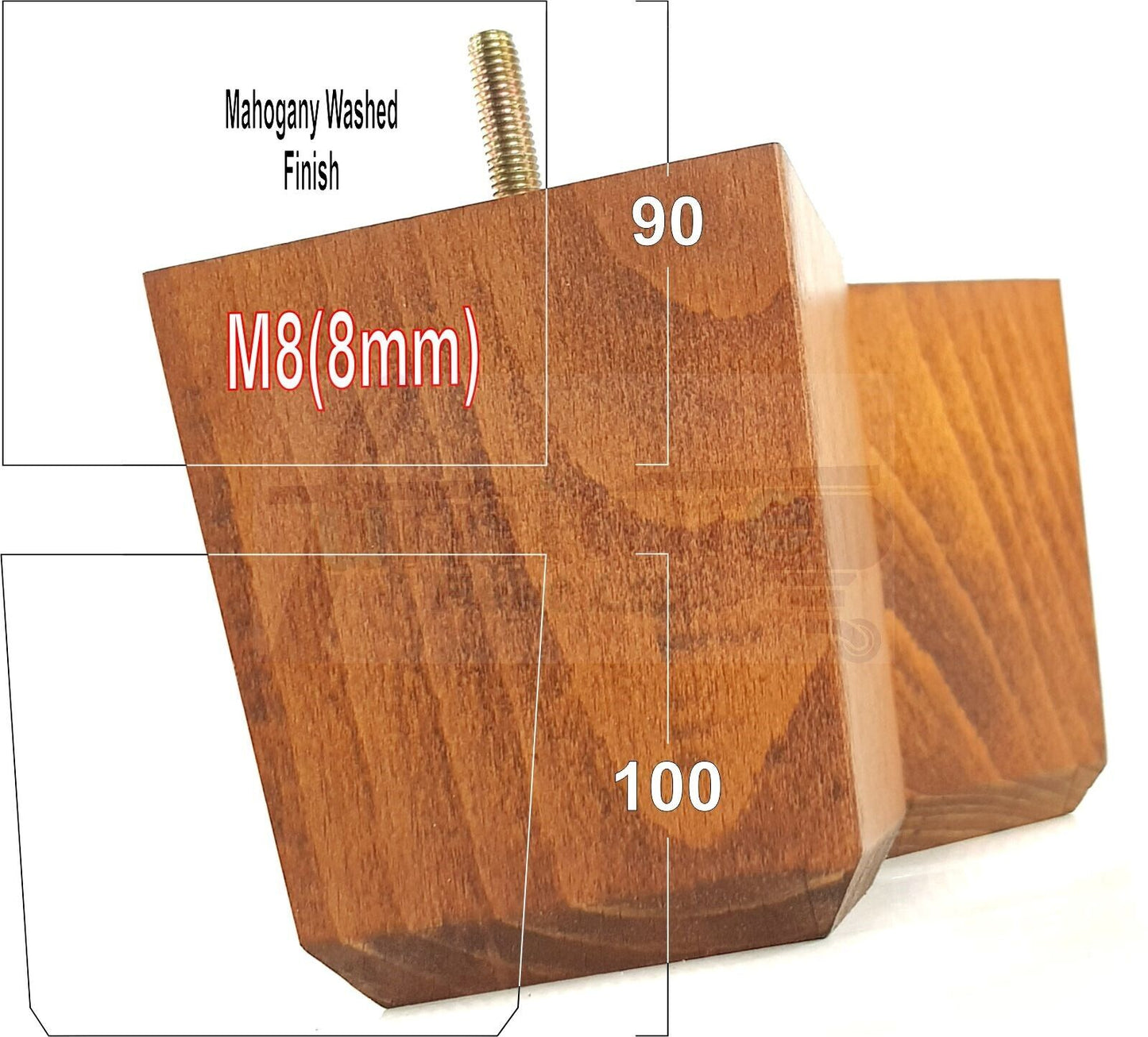 4x Solid Wood Square Furniture Legs Block Replacement Feet 100mm M8(8mm)