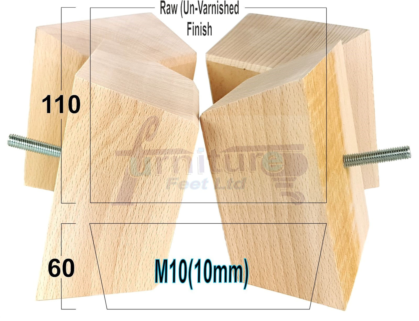 4x Square Wood Sofa Legs 60mm High Replacement Furniture Feet Chairs Cabinets M10 Thread