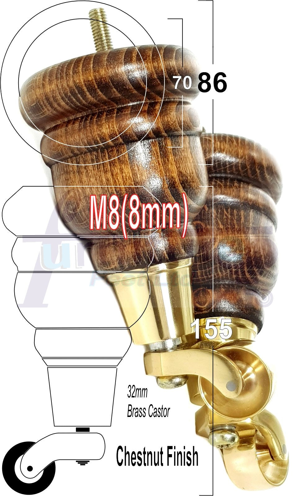 4 Turned Wood Furniture Feet With Brass Castors 155mm Legs Sofas Chairs Stools Cabinets Beds M8 6 Inches