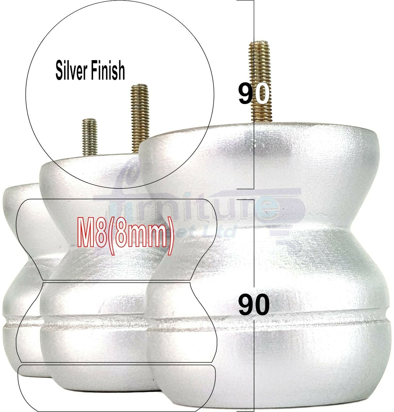 4x Turned Solid Wood Furniture Legs Replacement Bun Feet 90mm High 8mm Thread