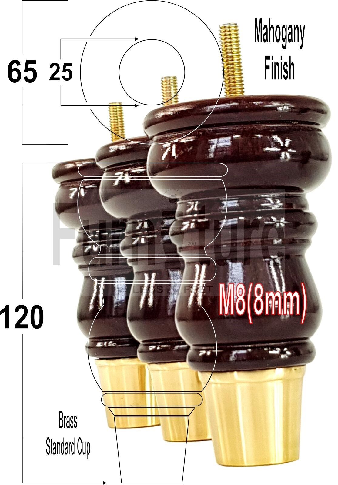 Turned Solid Beech Wood Furniture Legs and Slipper Cup Set of 4 Furniture Replacement Feet 125mm High 8mm Threaded Dowl Fixing