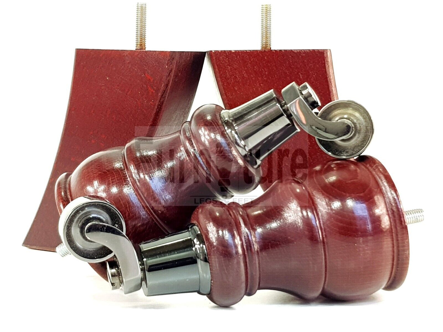 2 Wooden Castor Furniture Sofa Legs & 2 Curved Back Feet  Mahogany M8 Chair Settee Feet 160mm High