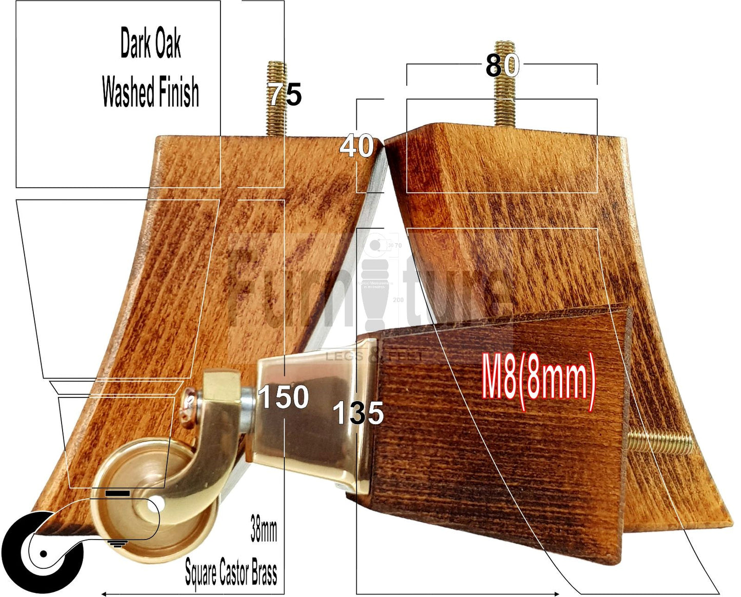 Set Of 4 Block Wood Furniture Feet With Antique Castor 8mm Thread For Chairs Settees Sofa 150mm High