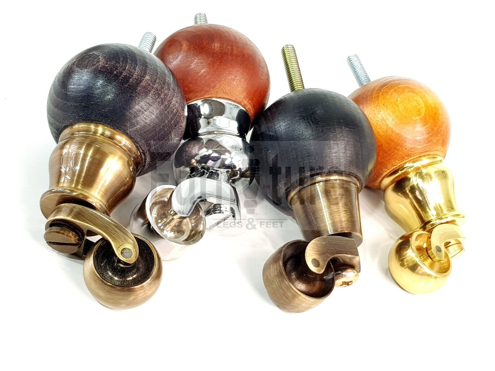 4x Turned Wood with Brass Castor Furniture Chair Settee Legs M8 Sofa Feet 118mm