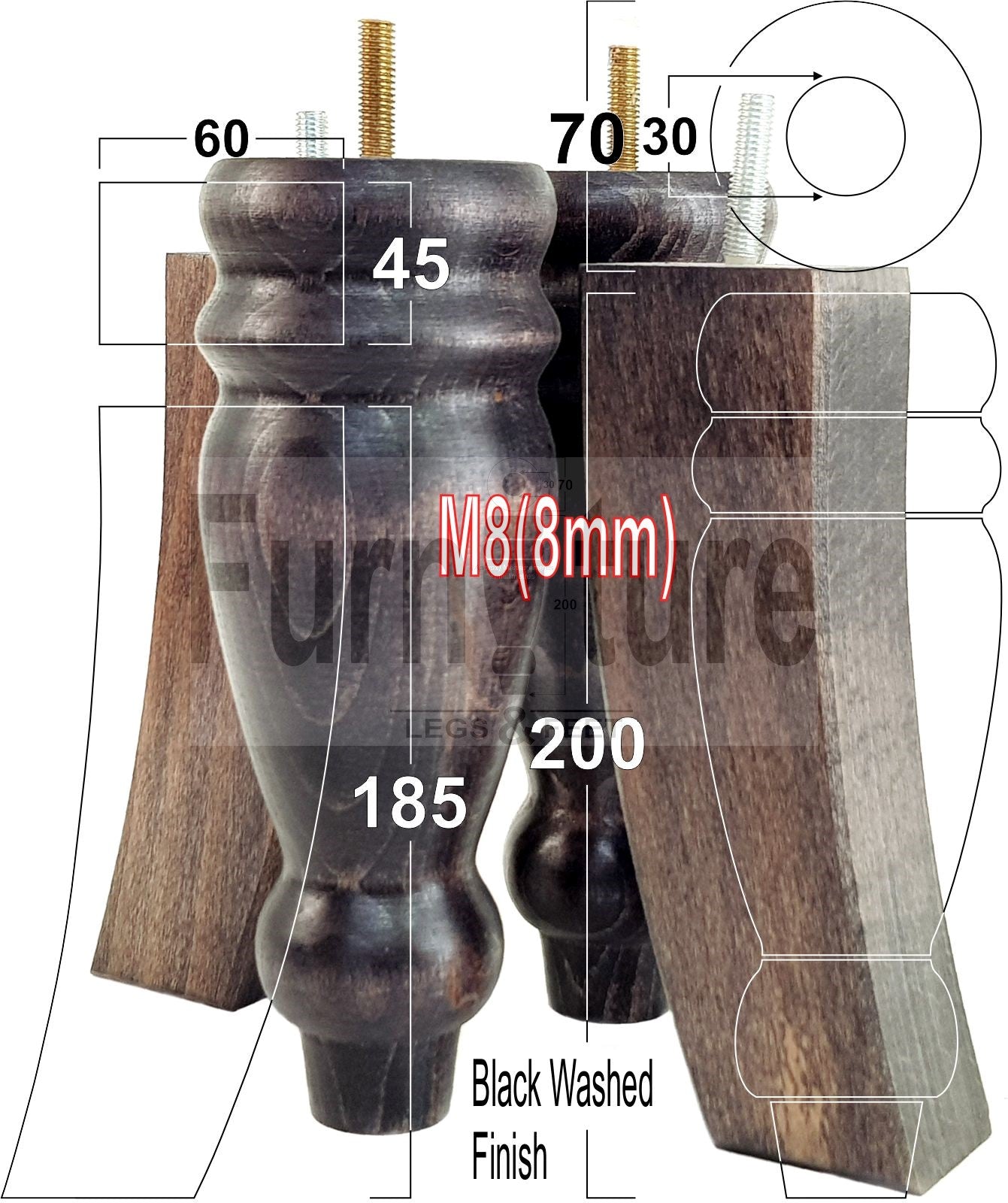2 Traditional Turned Furniture Feet Replacement Sofa Legs 200mm & 2 Curved Back Legs 185mm for Chairs Stools Sofa Beds Settee Cabinets M8