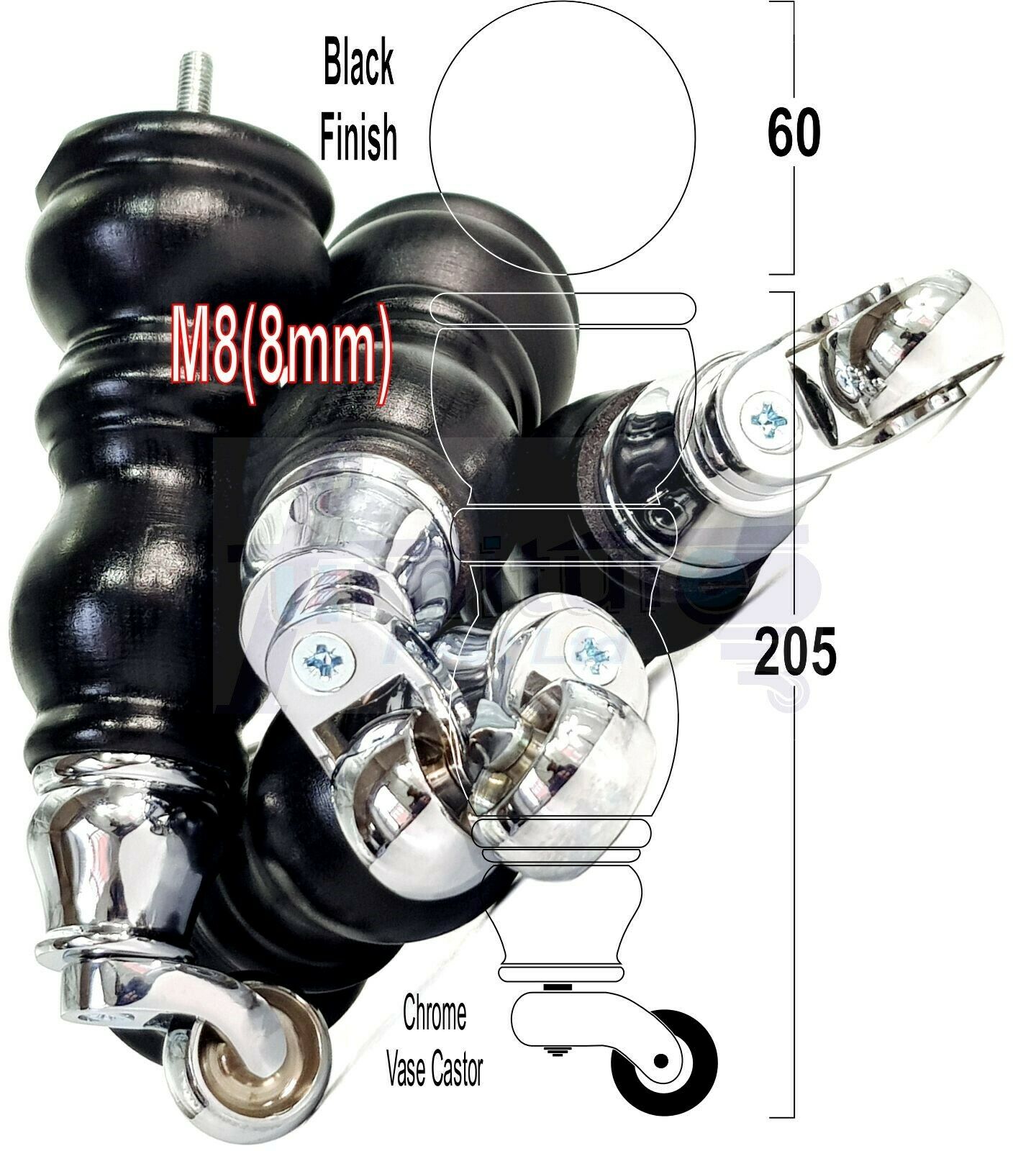 4x Furniture Feet With Castor 205mm High Legs Black Wood M8 Sofas Chairs Stools Cabinets 8 Inches Tall