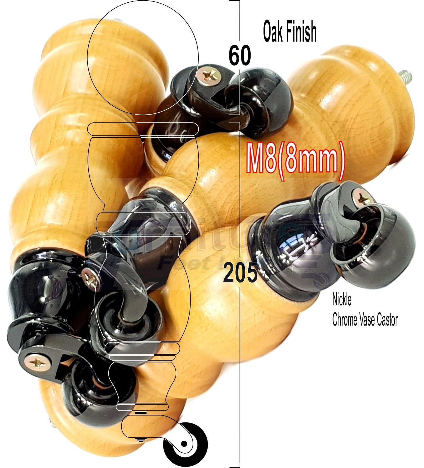 Solid Wood Furniture Feet With Castors Set of 4 Legs 205mm High For Sofas Chairs Stools Cabinets & Beds M8