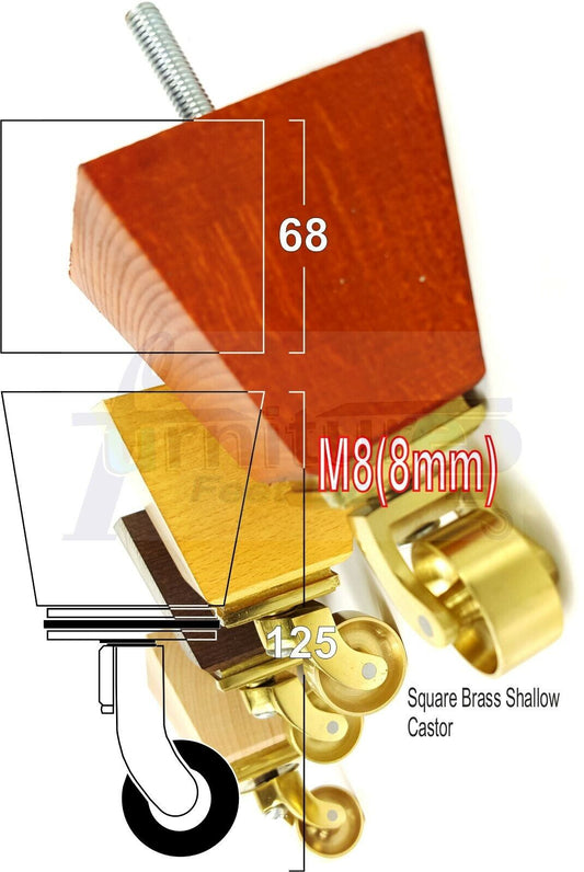 Set Of 4 Wooden Turned Replacement Furniture Legs 125mm High With Brass Castor Wheels 8mm Thread