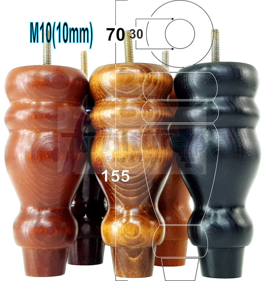Set Of 4 Turned Wood Furniture Legs Replacement Sofa, Chair Feet 155mm High M10 Tread