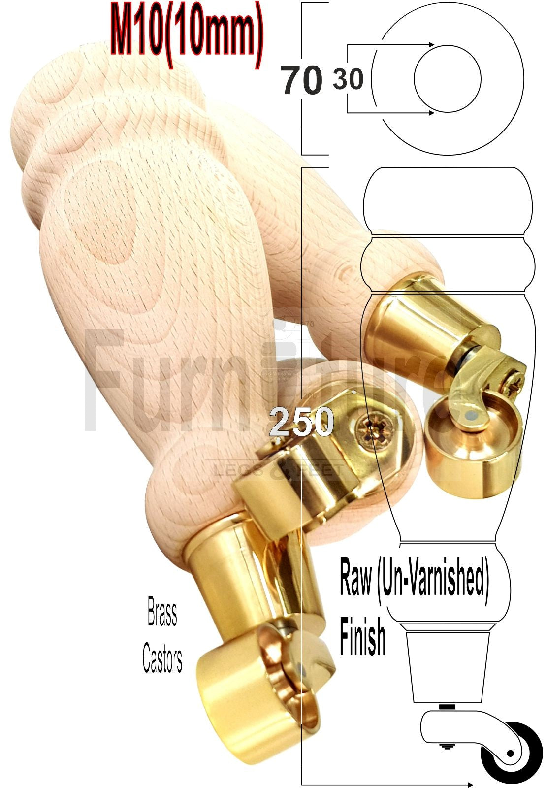 4x Turned Wood Furniture Castor Legs M10 Replacement Feet Chair Sofas Settees 250mm