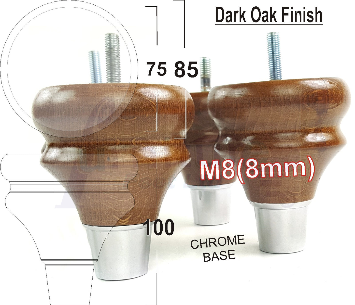 4x Turned Wood Furniture Feet M8(8mm) With A Chrome Slipper Cup Chair Sofa Settee Legs 100mm