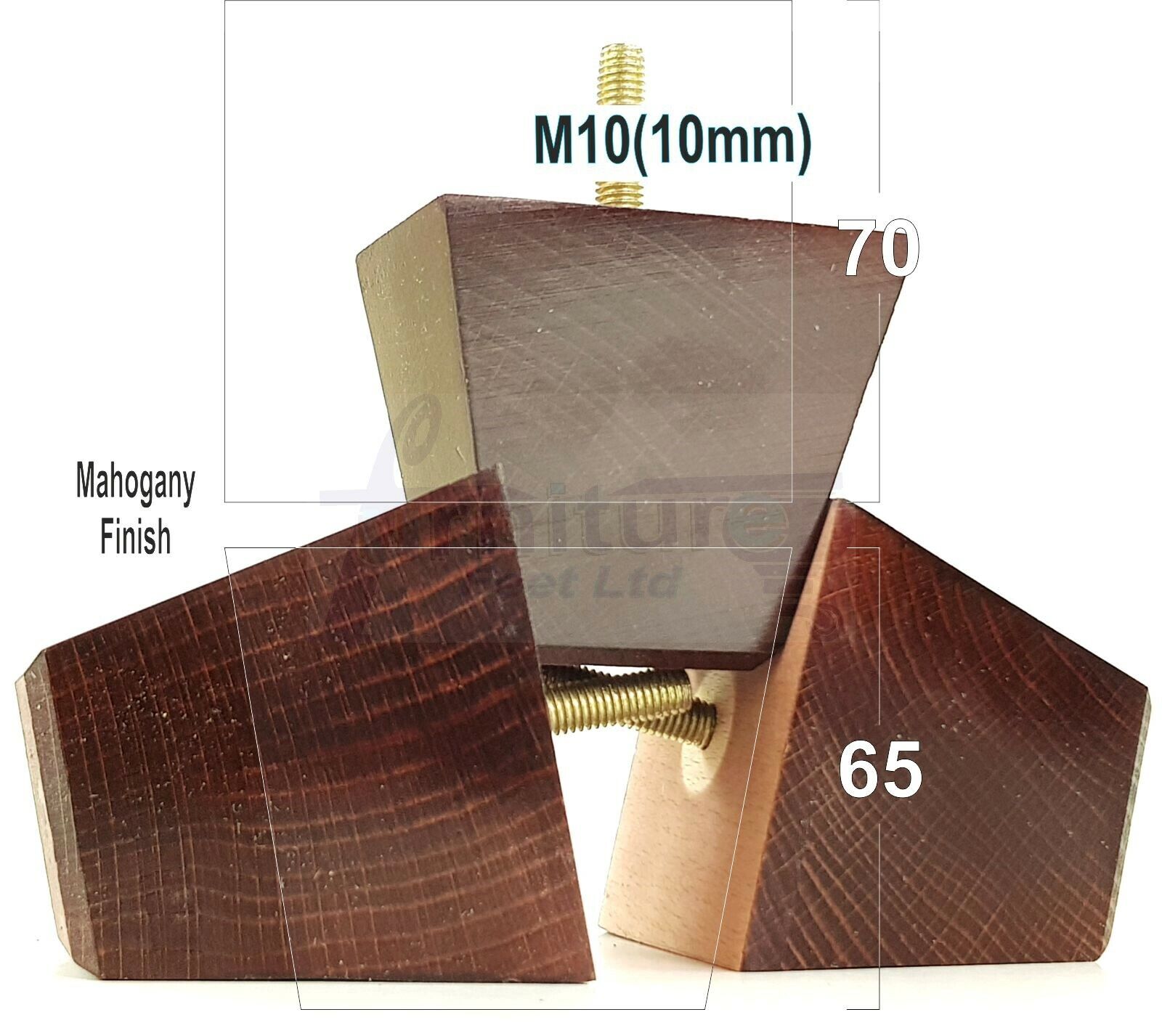 4 Solid Wood Square Furniture Feet Replacement Legs 65mm High M10 Thread