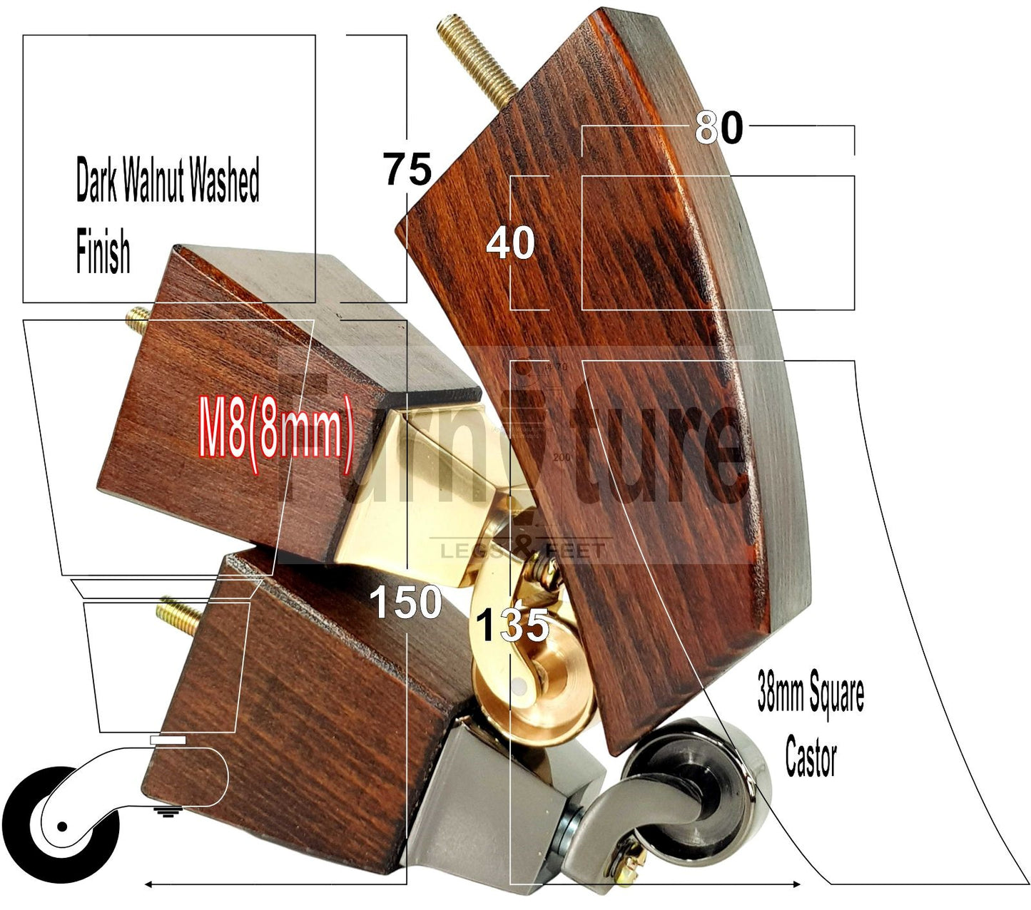 4x Block Wood Furniture Legs With Castor 8mm Thread For Chairs Settees Sofa 150mm High