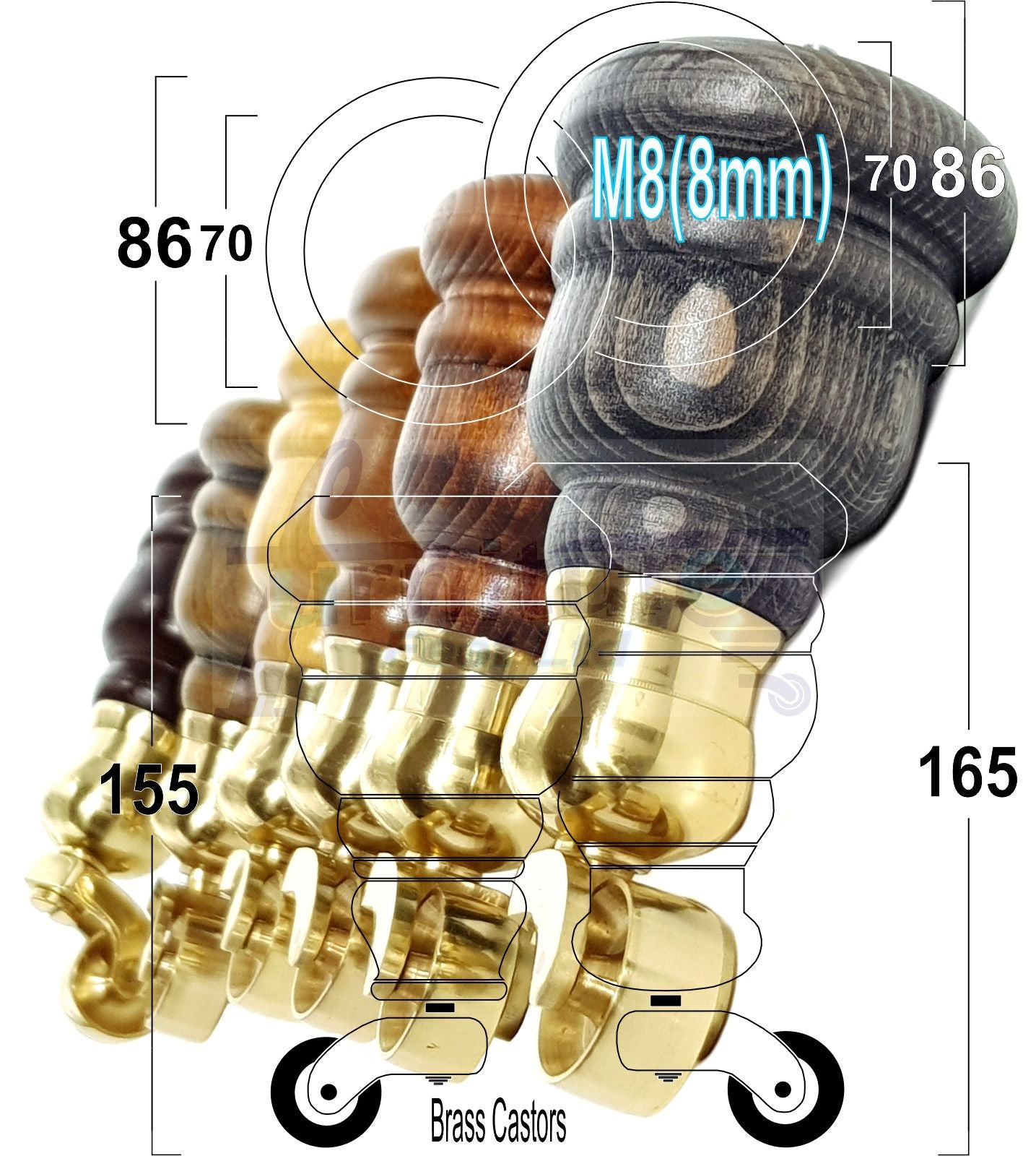 4 Turned Wood Furniture Feet With Brass Cauldron Castors 160mm Legs Sofas Chairs Stools Cabinets Beds M8 6 Inches