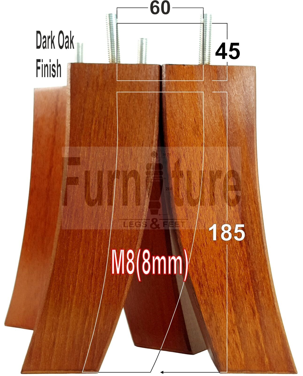 Set Of 4 Solid Wood Curved Furniture Feet Replacement Legs 185mm High M8(8mm)