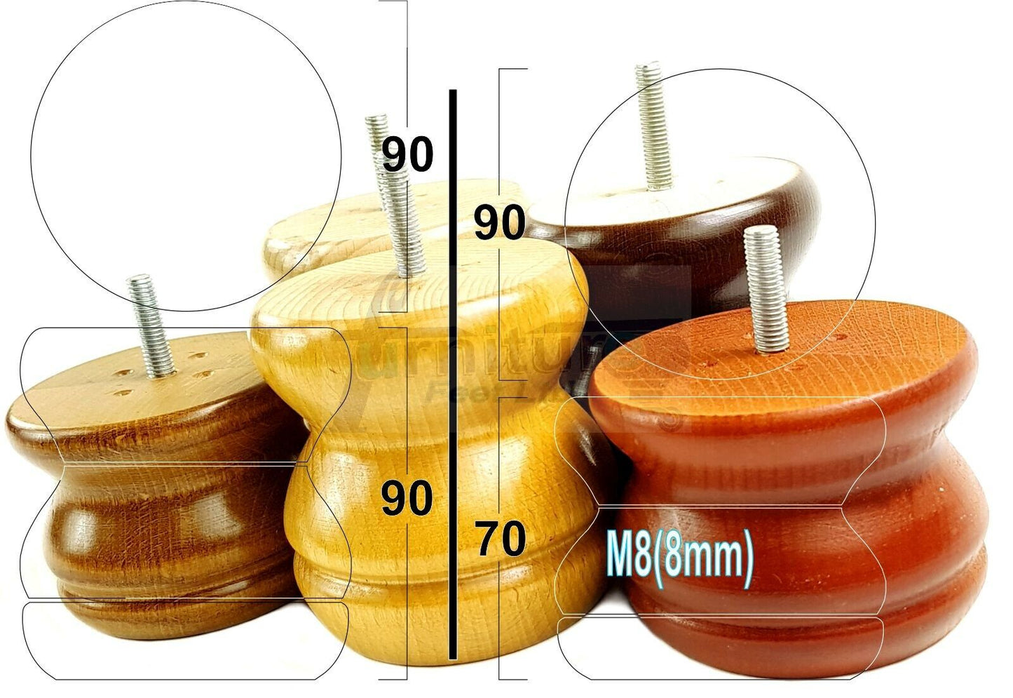 4x Turned Solid Wood Furniture Legs Replacement Bun Feet 70mm High 8mm Thread