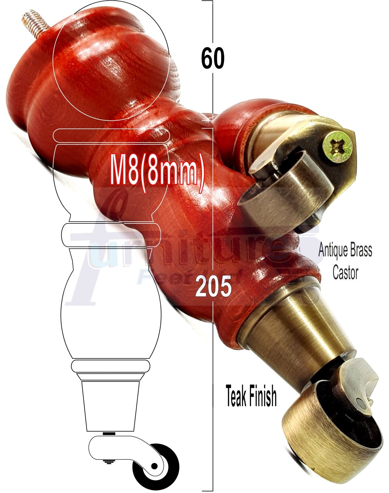 Solid Wood Furniture Feet With Castors Set of 4 Legs 205mm High For Sofas Chairs Stools Cabinets & Beds M8