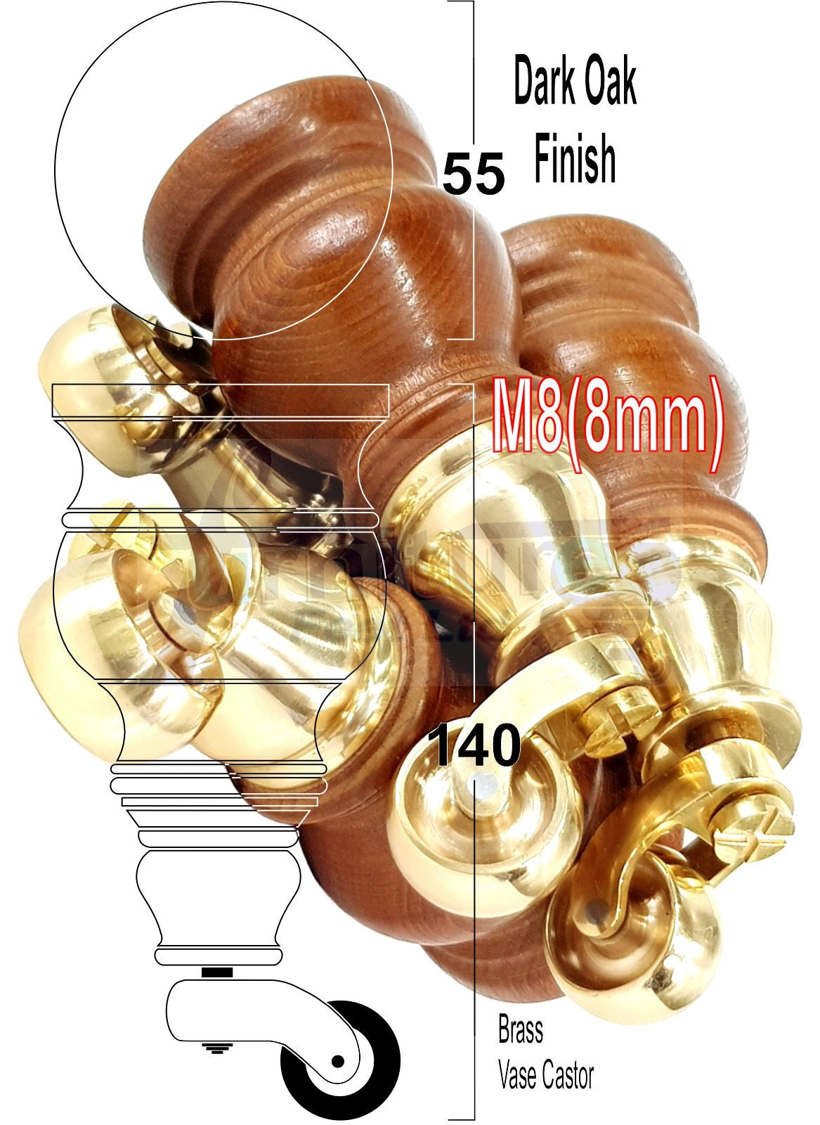 Set Of 4 Turned Wood Furniture Legs With 150mm High Castor 8mm Thread For Chairs Settees & Cabinets Dark Oak Finish