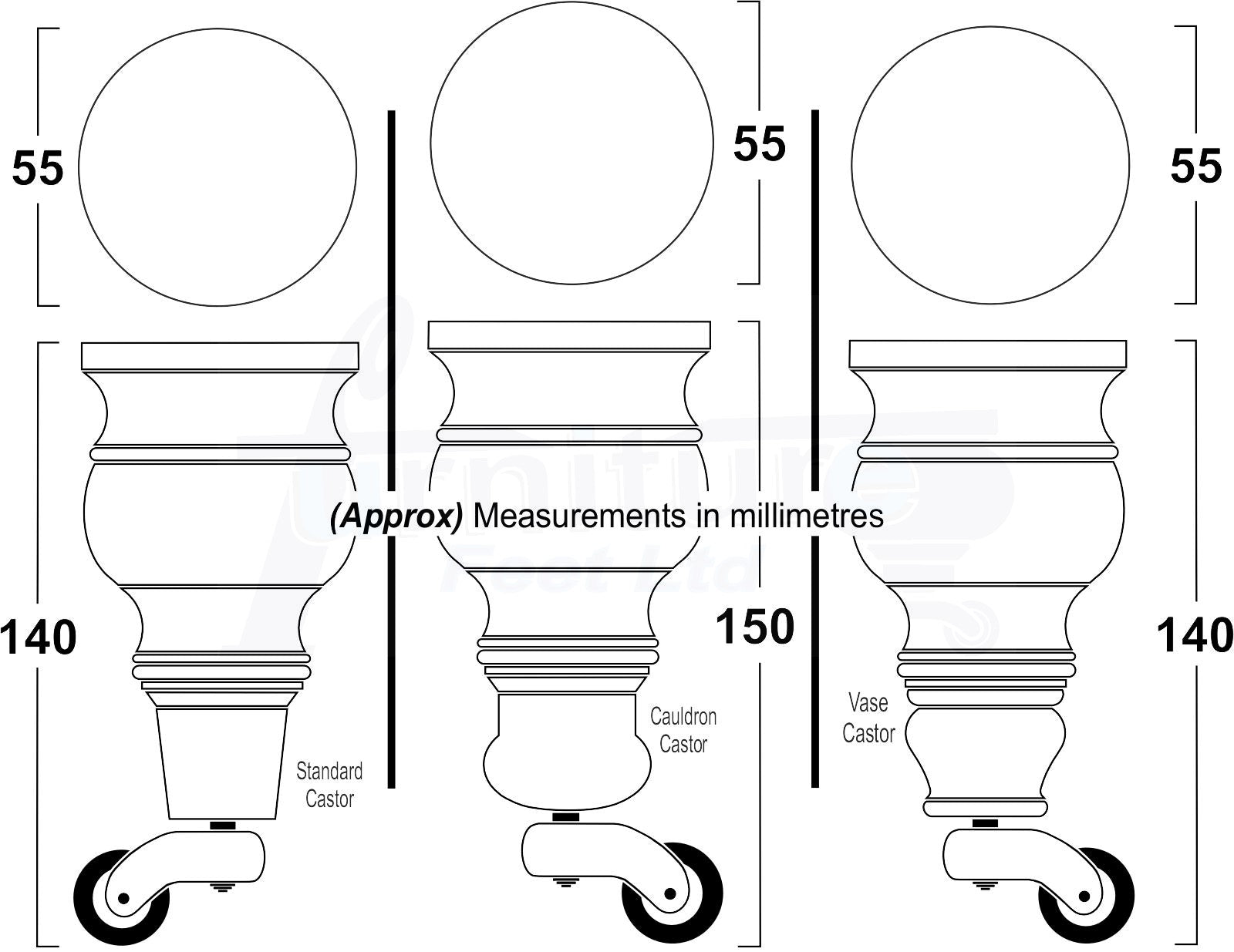 Set Of 4 Turned Wood Furniture Legs With Black Castor Wheels 140mm High M8(8mm) For Chairs Settees & Cabinets