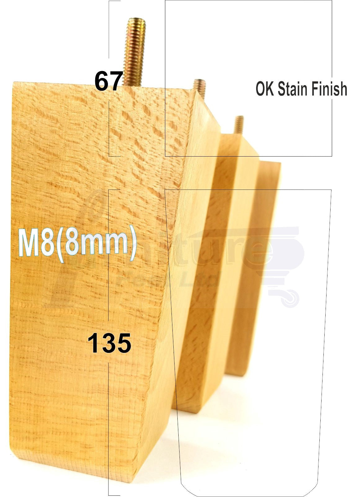 4x Block Wood Sofa Legs 135mm High Replacement Furniture Feet Chairs Cabinets M8(8mm)