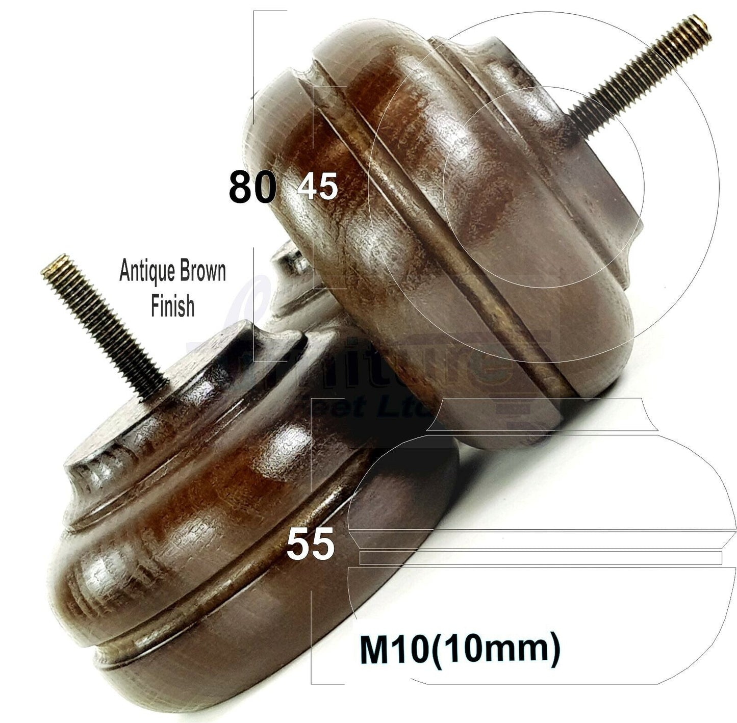 4 Wood Turned Replacement Furniture Legs Sofa, Chair, Settee Feet 55mm High M10 Thread