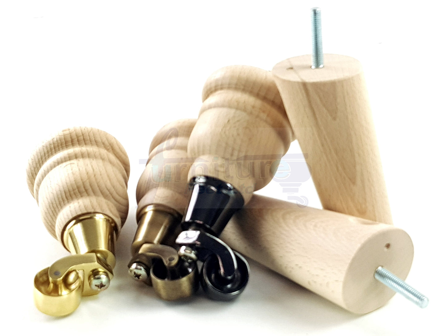Turned Raw Solid Wood Replacement Furniture Legs 2x with Castors and 2x Curved Back Feet 8mm Dowl Fixing 6 Inches 165mm High