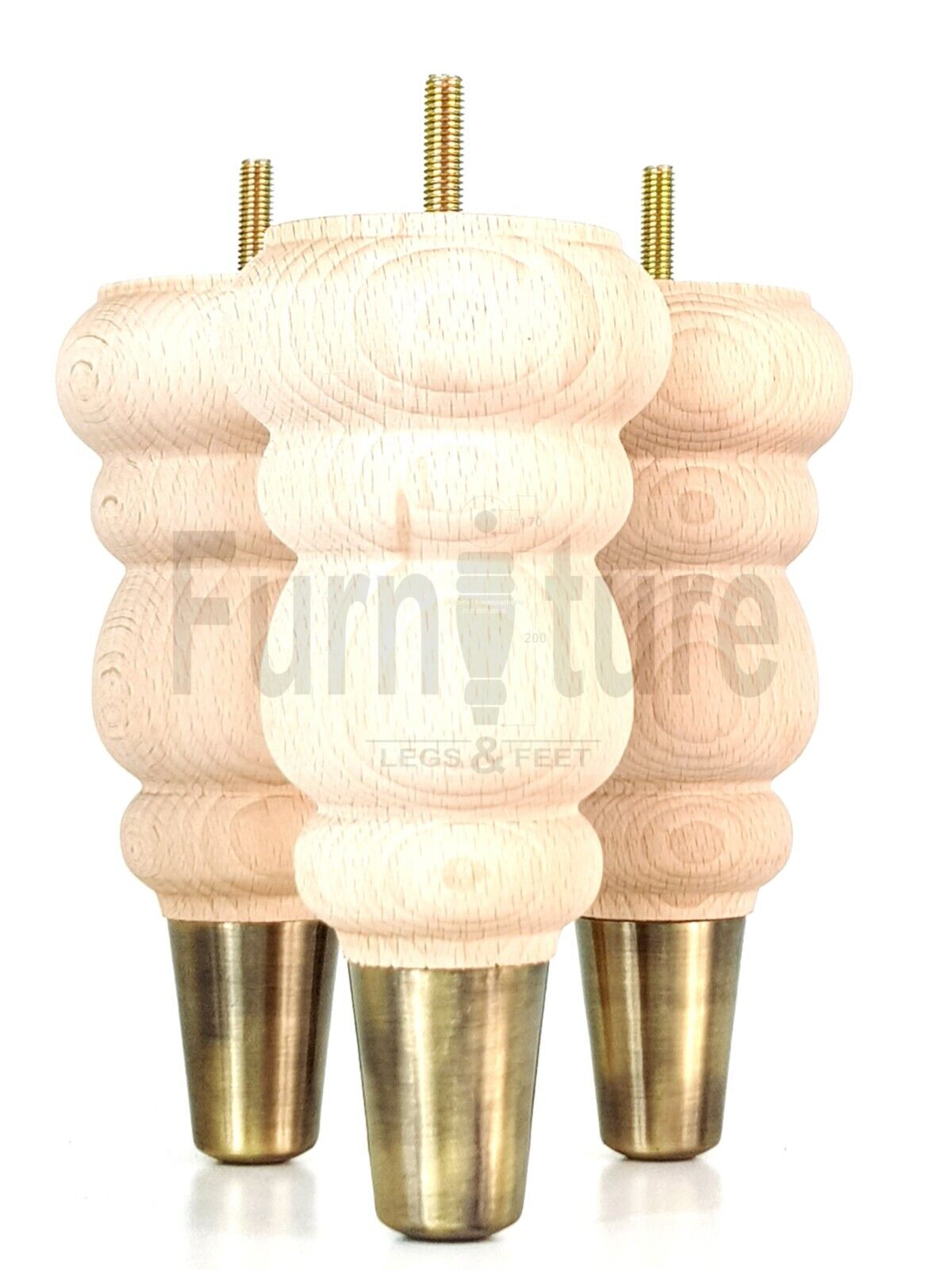 4x Round and Turned Wood Furniture Legs With Brass Slipper Cups Replacement Feet 185mm High 8mm Thread