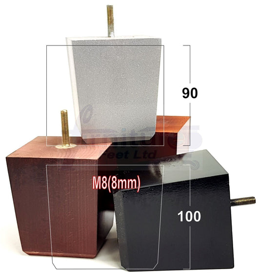 4x Solid Wood Square Furniture Legs Block Replacement Feet 100mm M8(8mm)