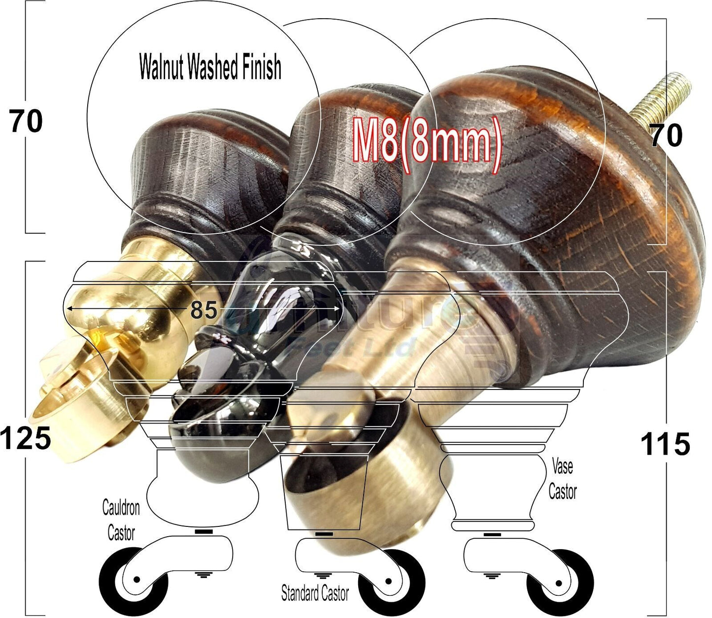 4x Dark Walnut Washed Wooden Furniture Sofa Legs M8 With Castors Replacement Chair Settee Feet 115mm - 125mm High