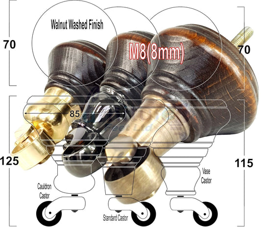 4x Dark Walnut Washed Wooden Furniture Sofa Legs M8 With Castors Replacement Chair Settee Feet 115mm - 125mm High