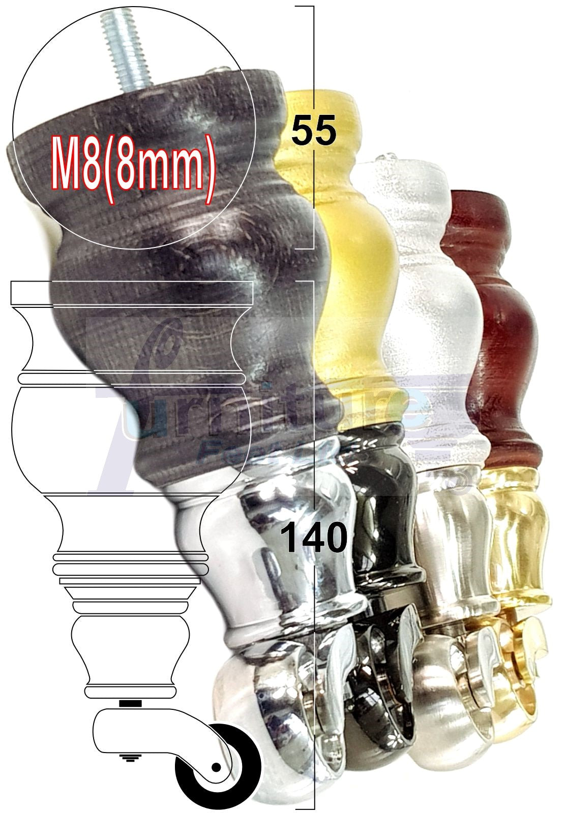 4x Turned Wood Furniture Legs With Chrome Castor Wheels 150mm High M8(8mm)