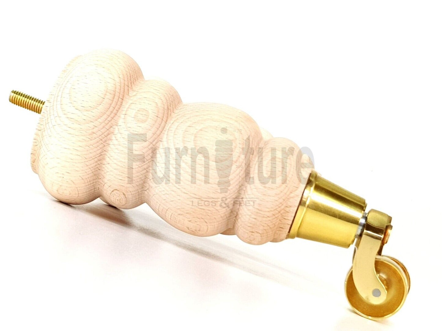 4x Turned Solid Wood Furniture Legs With Brass Castors Replacement Feet 200mm High 8mm Thread