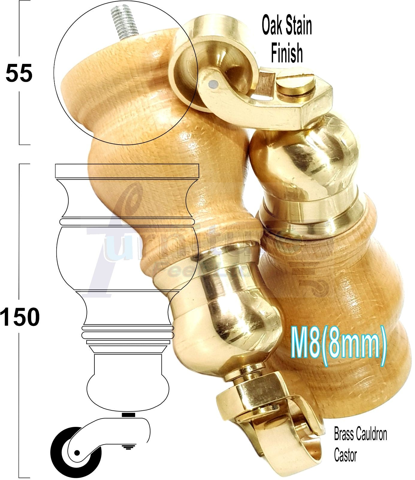 Set Of 4 Turned Wood Furniture Legs With 150mm High Castor 8mm Thread For Chairs Settees & Cabinets Oak Stain Finish