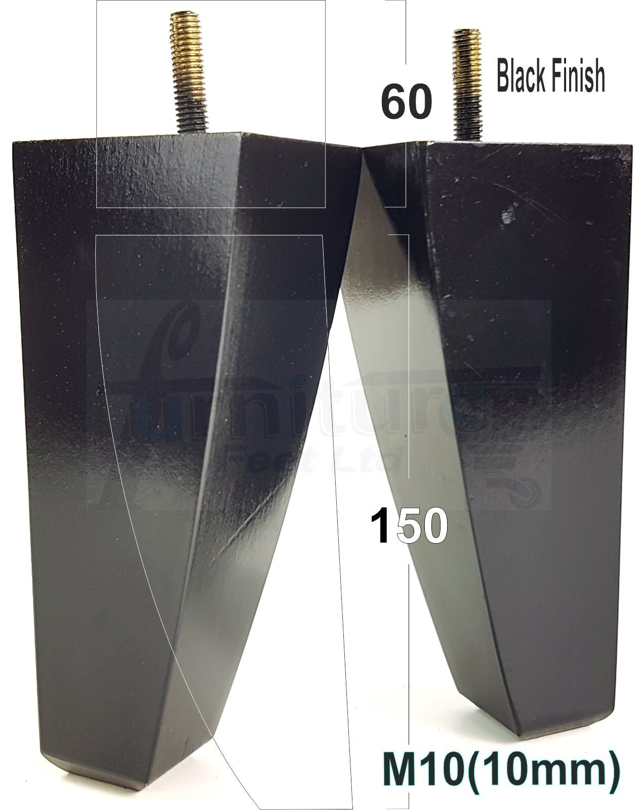 4x Tapered Square Furniture Legs Sofa Feet M10 Thread for Chairs, Settees 150mm High