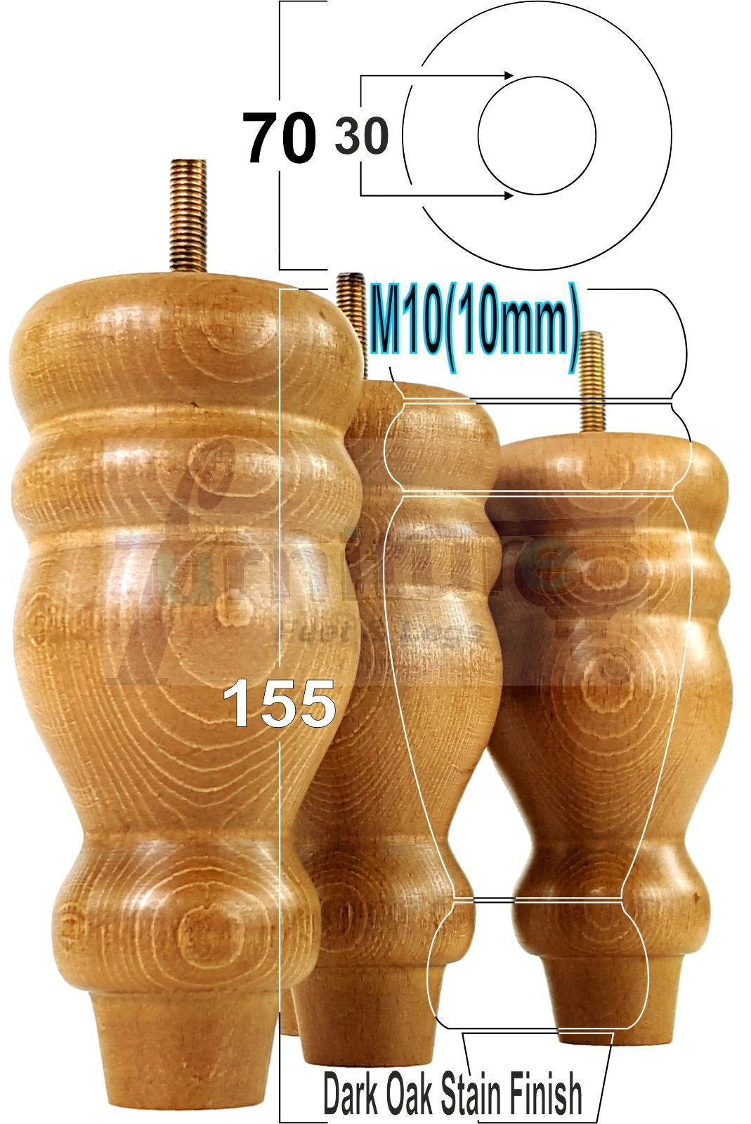 Set Of 4 Turned Wood Furniture Legs Replacement Sofa, Chair Feet 155mm High M10 Tread