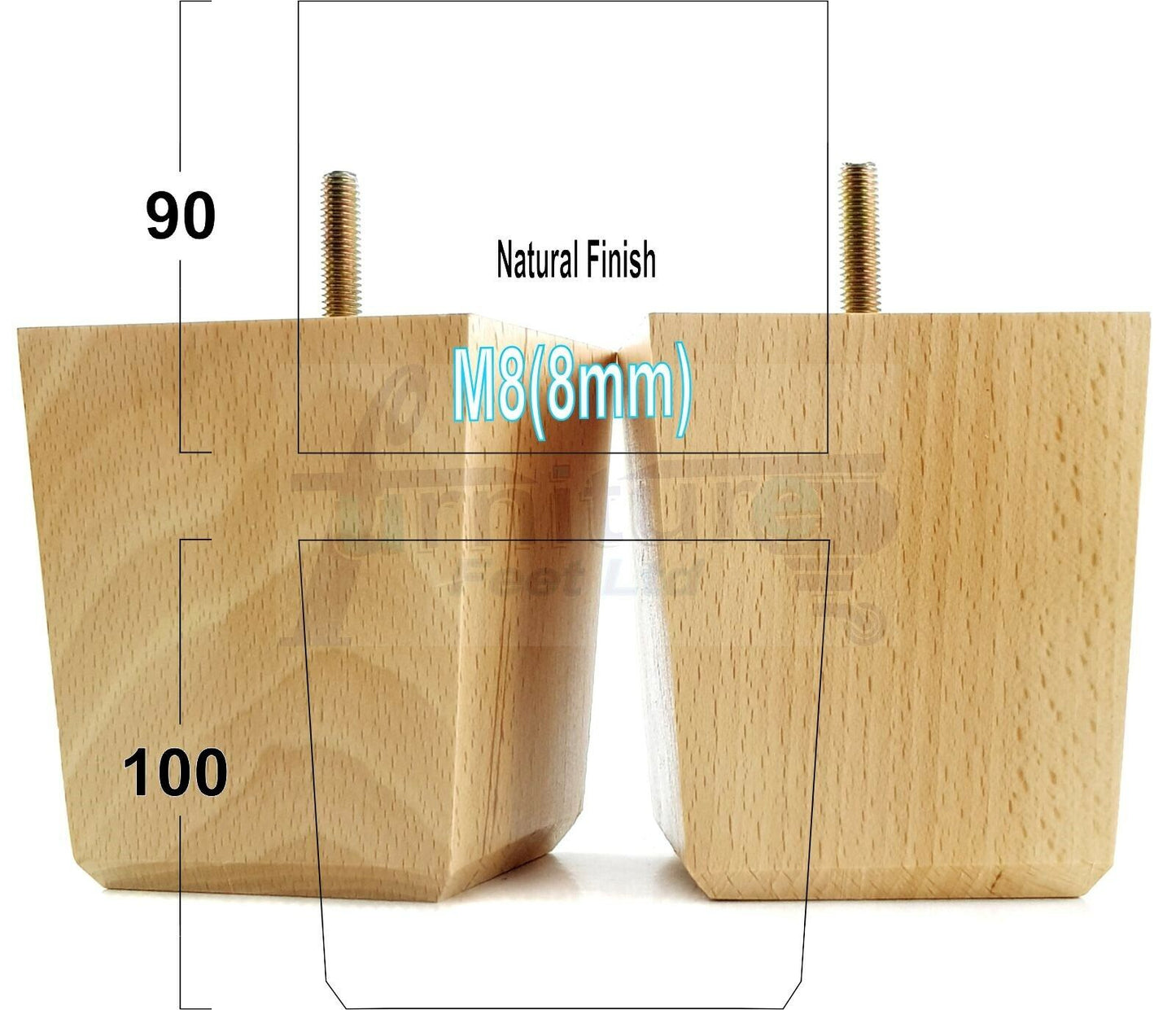 4x Solid Wood Square Furniture Legs Block Replacement Feet 100mm M8(8mm)