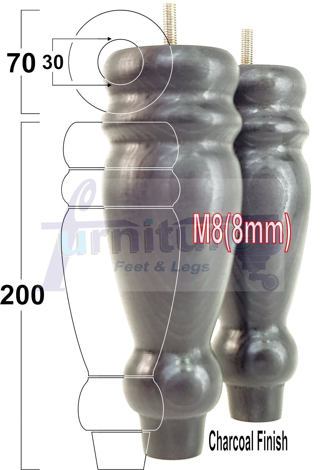 Set Of 4 Turned Furniture Legs Replacement Sofa Feet 200mm High M8 Thread