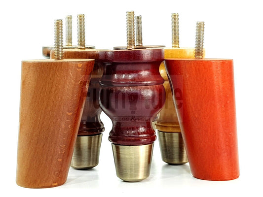 2x Turned Wood Furniture Feet Antique Brass Slipper Cup 2x Curved Back Legs M8 Chair Sofa Settee Legs 110mm