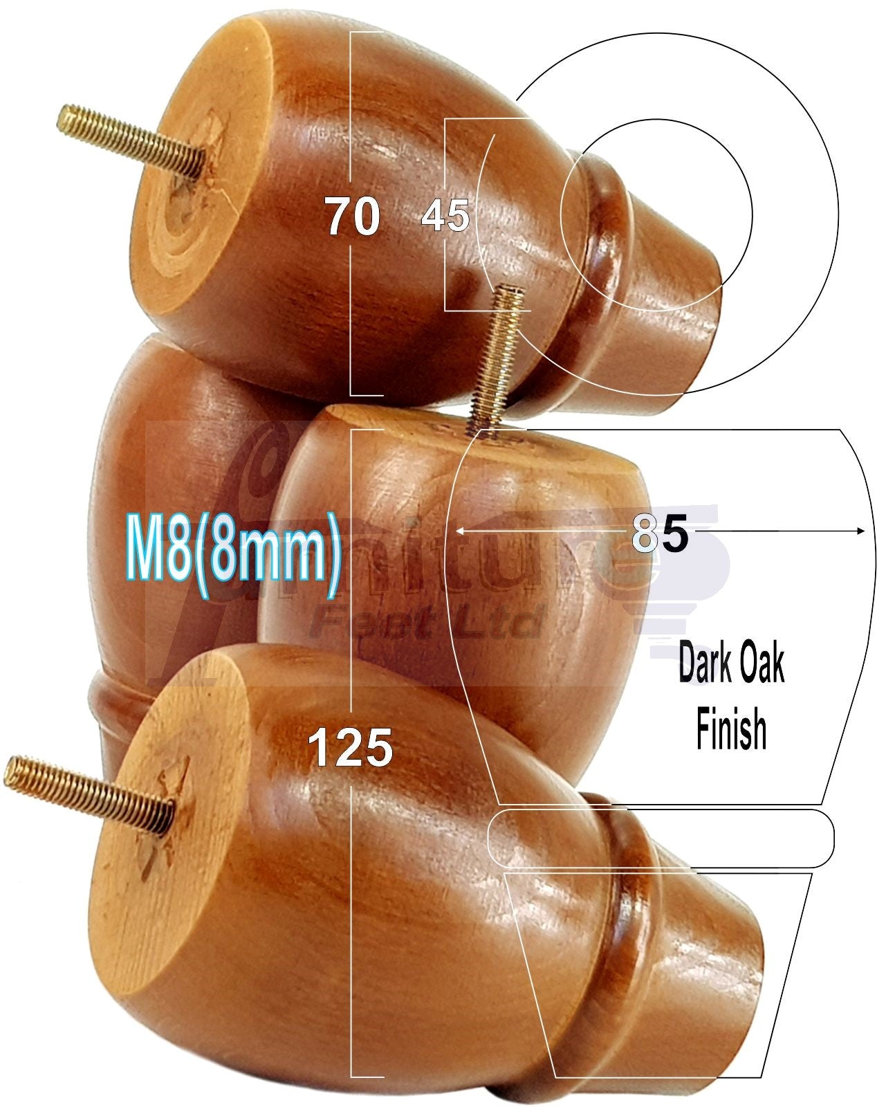Set Of 4 Solid Wood Turned Replacement Furniture Legs 125mm High 8mm Thread