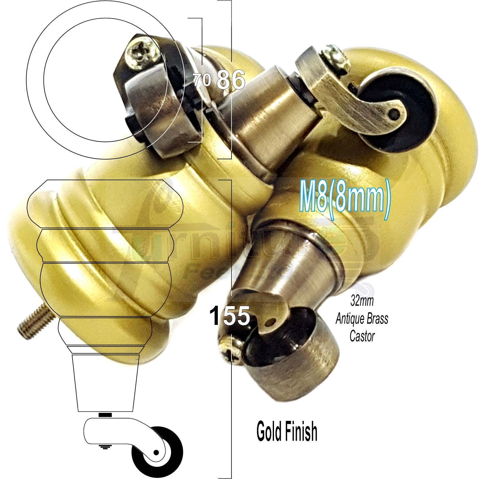 4 Turned Wood Furniture Feet With Antique Brass Castors 155mm Legs Sofas Chairs Stools Cabinets Beds M8 6 Inches