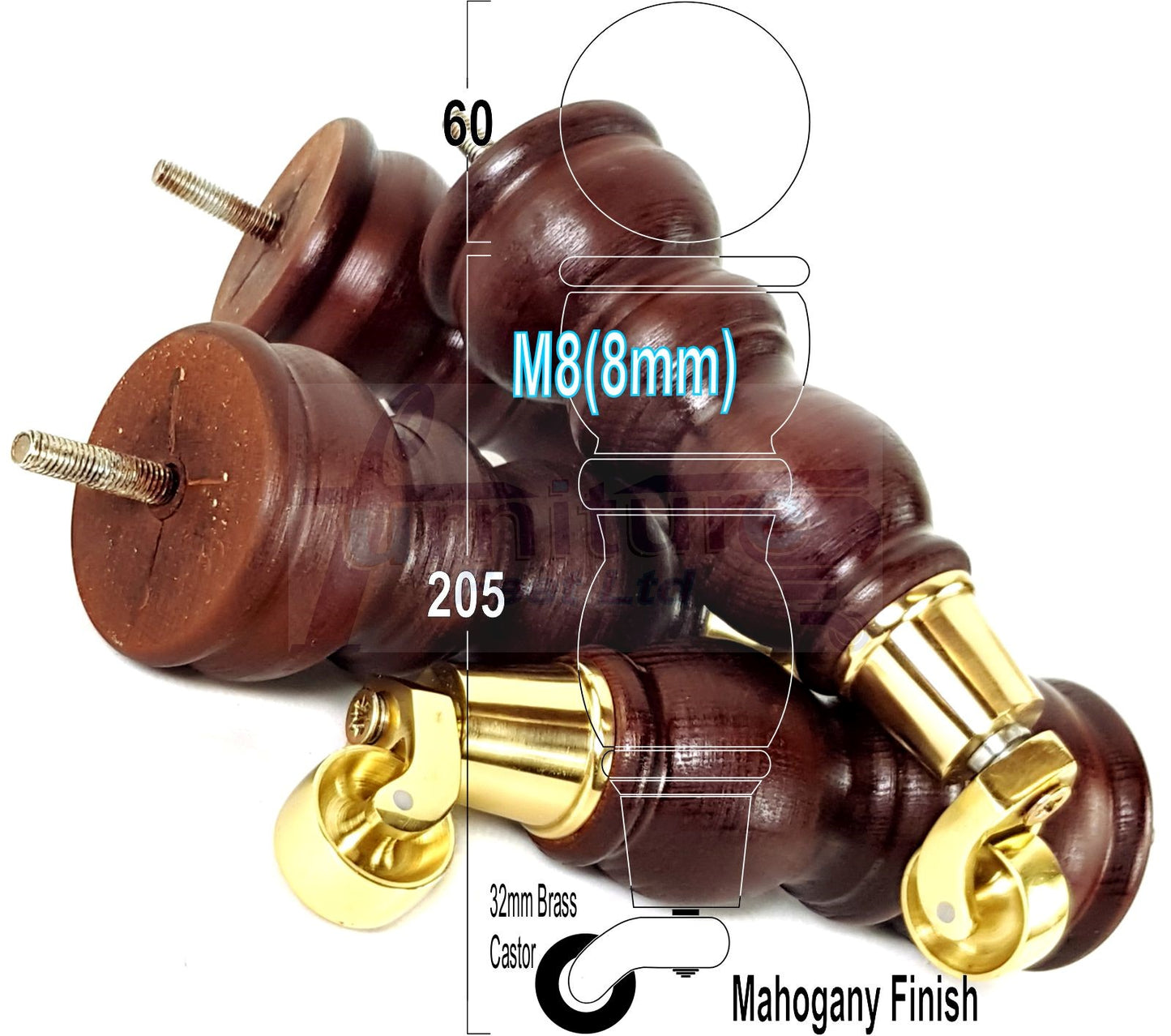 Solid Wood Furniture Feet With Castors Set of 4 Legs 205mm High For Sofas Chairs Cabinets & Beds M8 Mahogany Finish