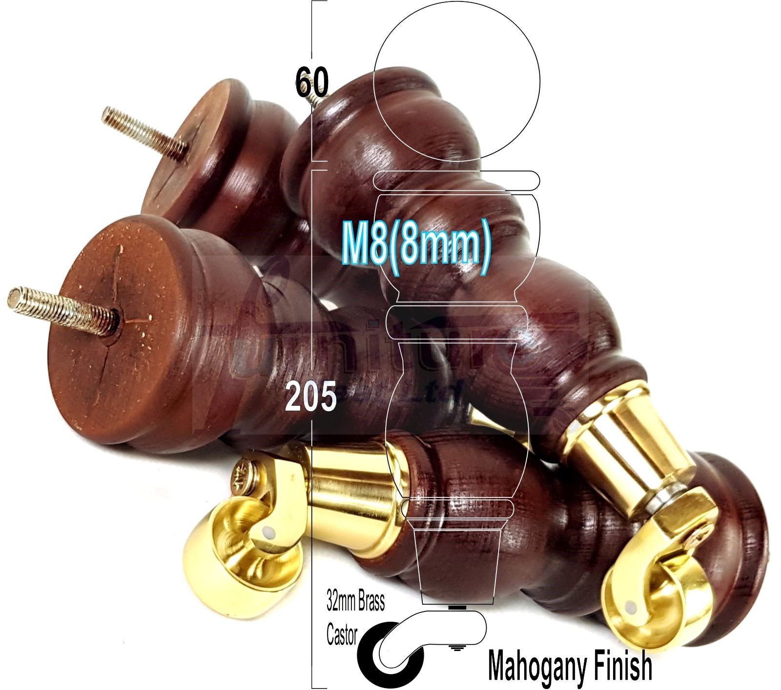 Solid Wood Furniture Feet With Castors Set of 4 Legs 205mm High For Sofas Chairs Cabinets & Beds M8 Mahogany Finish