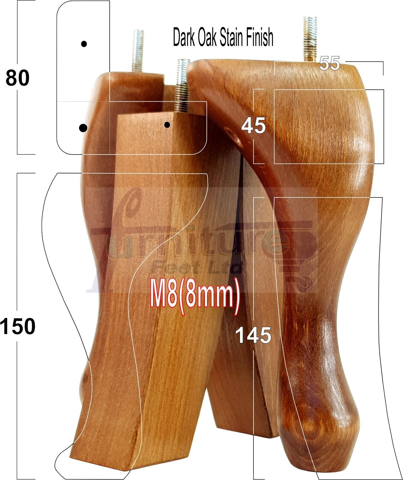 2x Vintage Queen Anne Replacement Furniture Legs & 2x Curved Back Feet 150mm 6 Inch High 8mm Thread