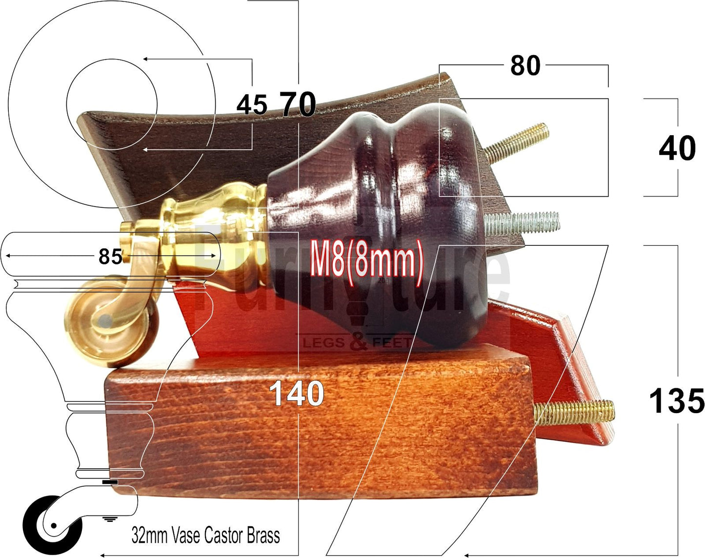 Turned Wood Furniture Feet 2 With Brass Castors 140mm & 2 Curved Back Legs Sofas Cabinets Beds 8mm Thread