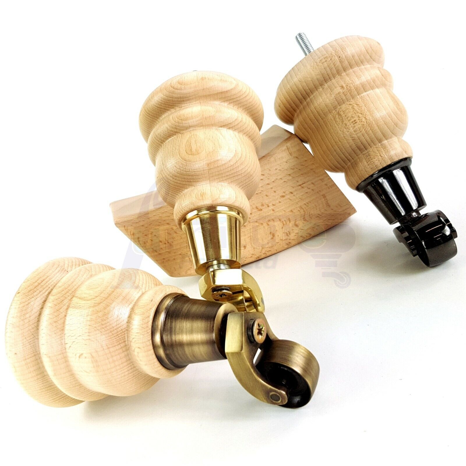 Turned Natural Wood Furniture Feet 2 With Castors 155mm and 2 Curved Back Legs Sofas Chairs Stools Cabinets Beds M8 6 Inches