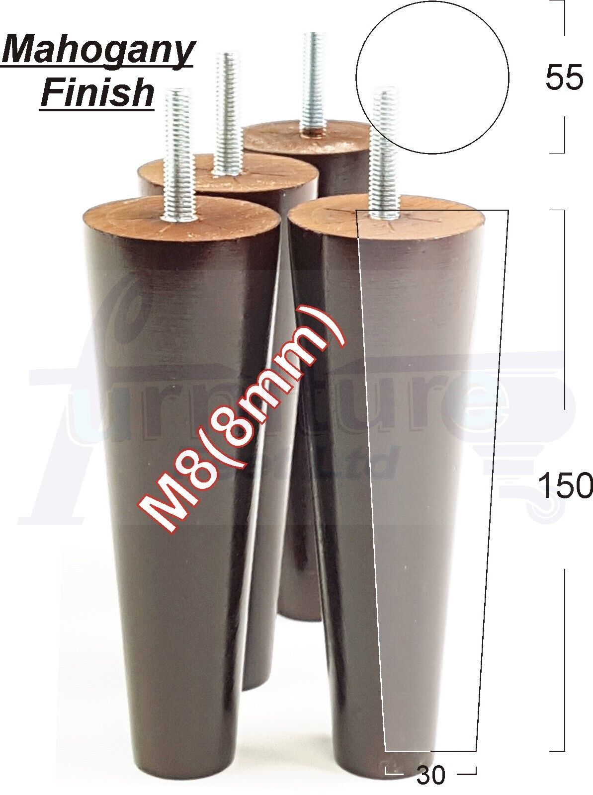 Modern Turned Solid Wood Furniture Feet 150mm High Mid Century Retro Tapered Replacement Legs M8 Set of 4 Sofa Chairs Stools Cabinets Beds