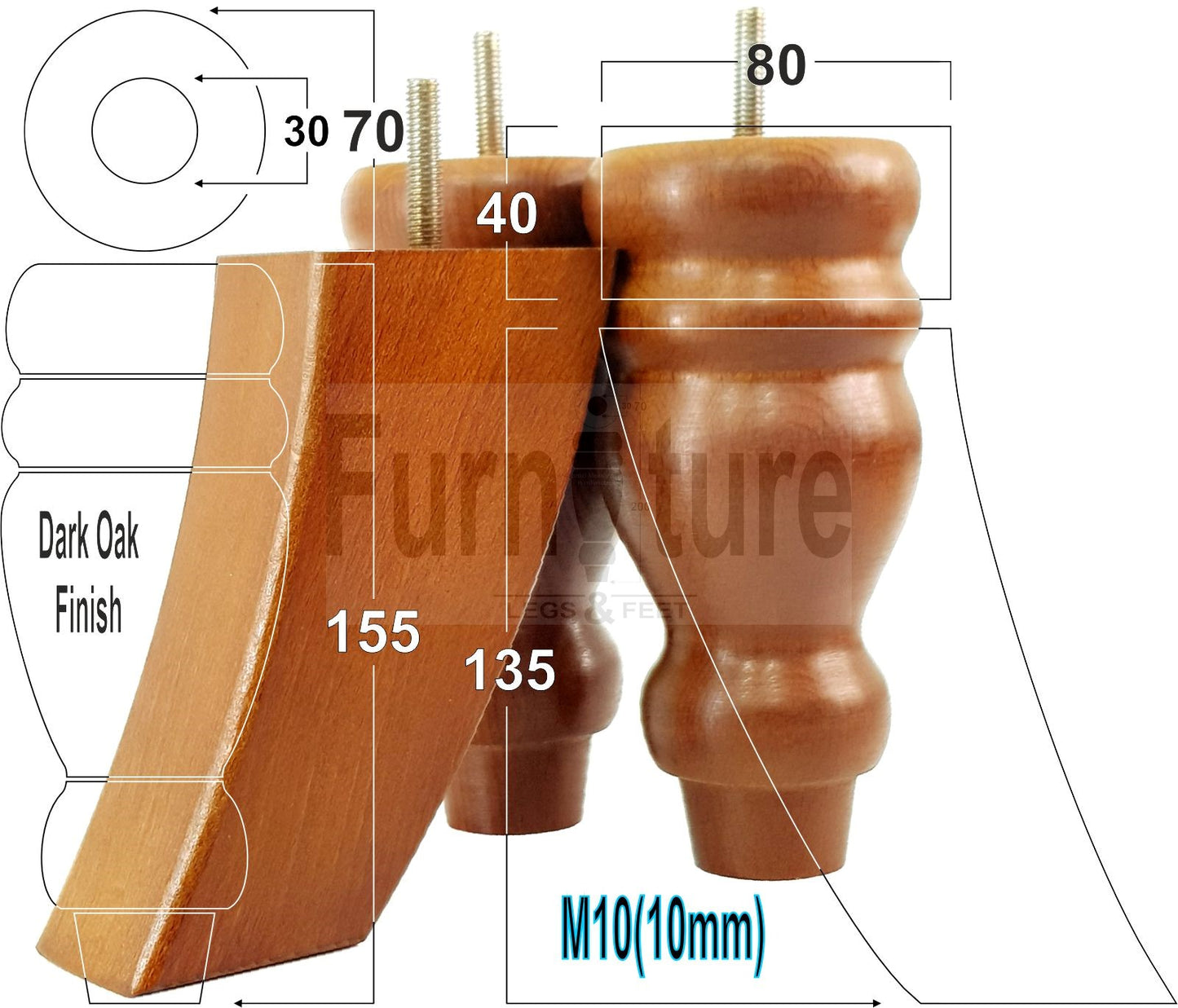 2x Turned Wood Furniture Feet 155mm and 2 Curved Back Legs Sofas Chairs Stools Cabinets Beds M10 Thread 6 Inches