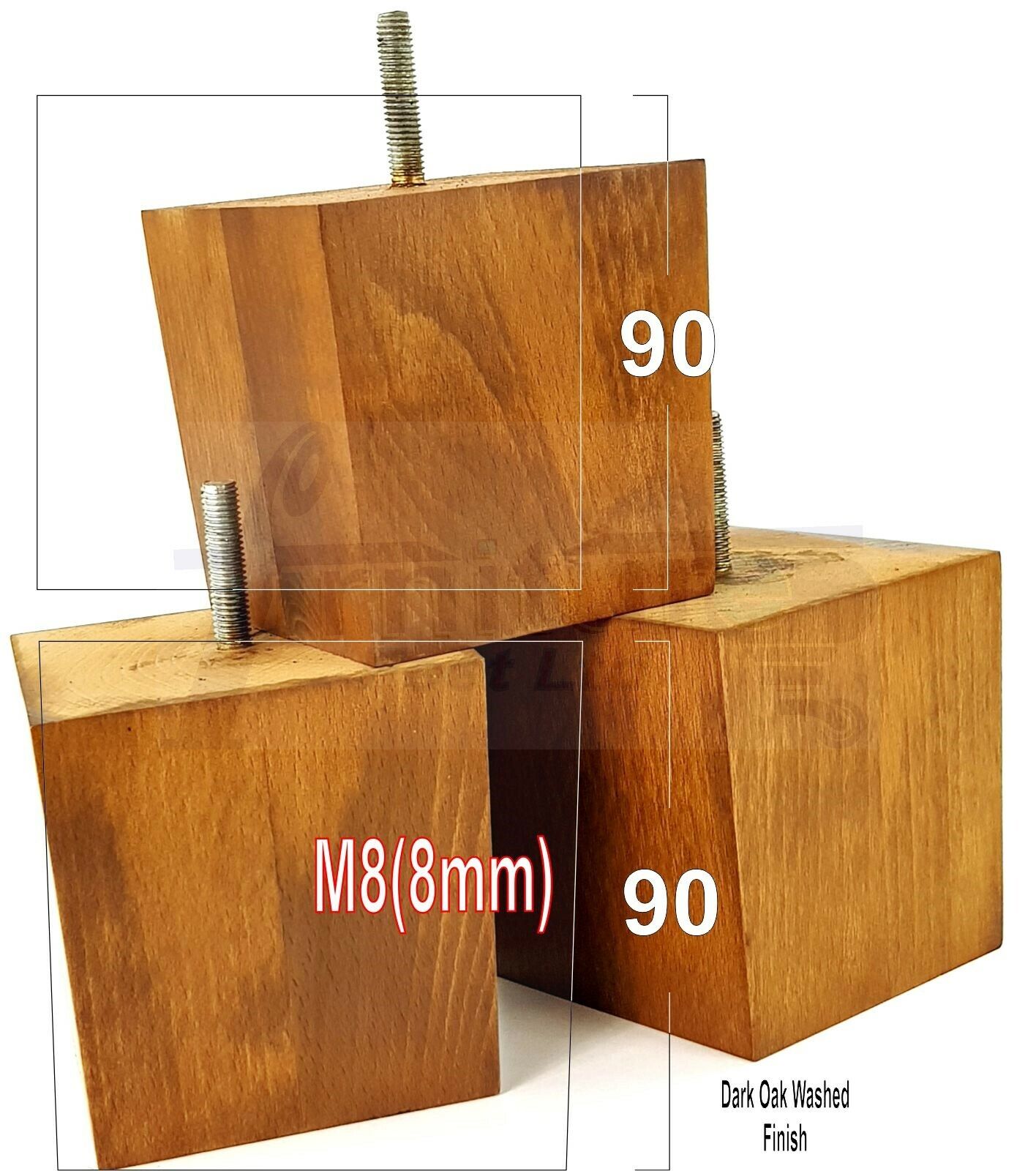 4x Solid Wood Square Feet Replacement Block Legs 90mm High Furniture Chairs Stools Sofa Beds Settee Cabinets 8mm Thread