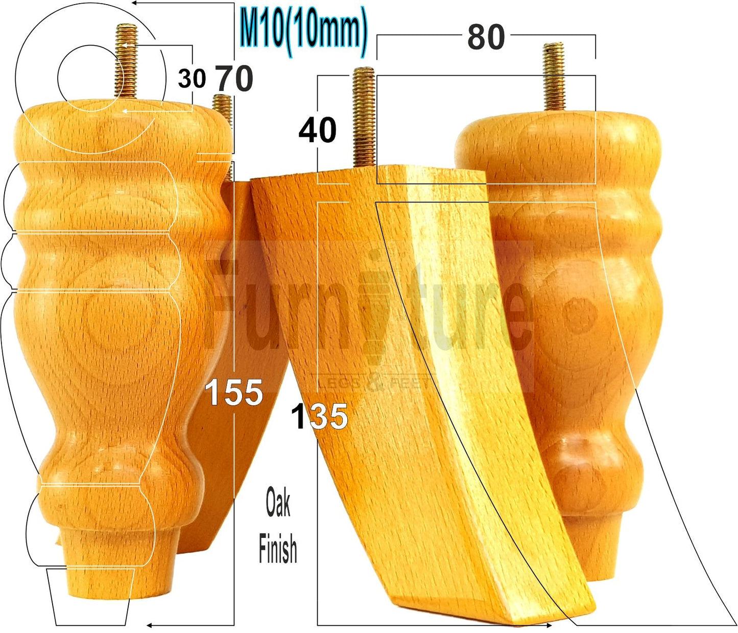 2x Turned Wood Furniture Feet 155mm and 2 Curved Back Legs Sofas Chairs Stools Cabinets Beds M10 Thread 6 Inches
